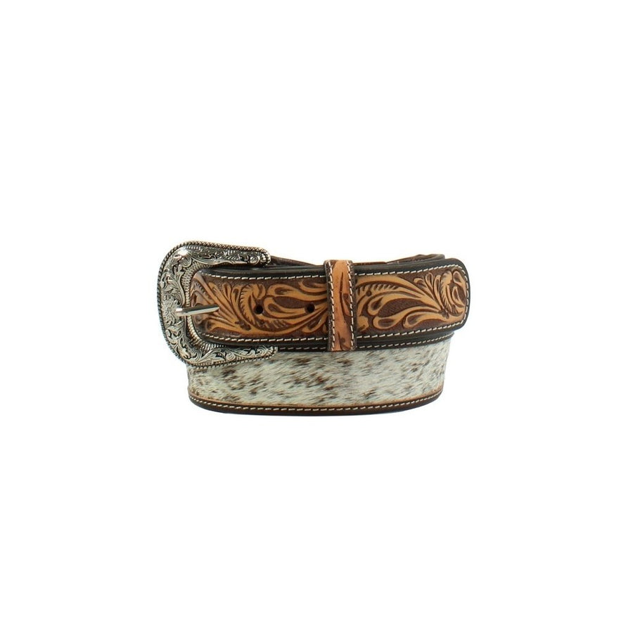 Nocona Western Belt Mens Calf Hair Floral Tabs Tooled Brown N210007002 Image 1