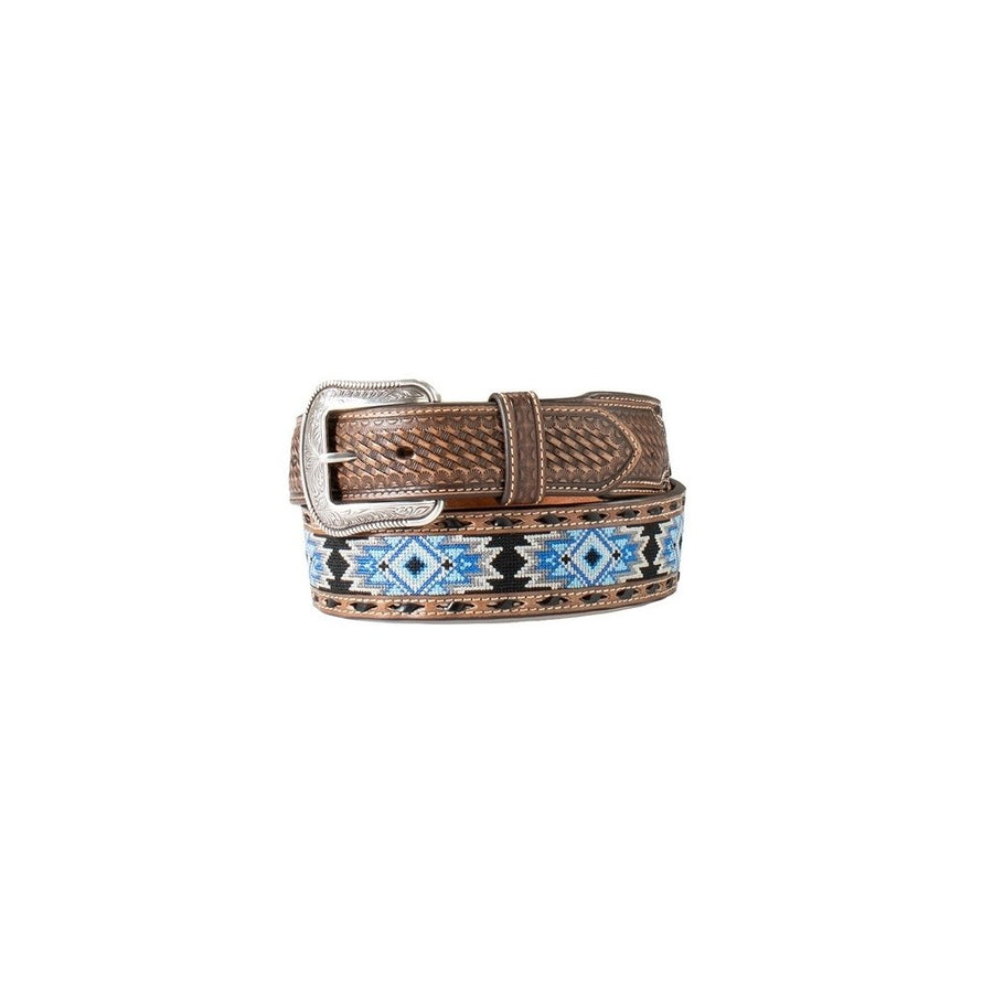 3D Western Belt Mens Diamond Inlay Embossed Brown Blue D100017002 Image 1