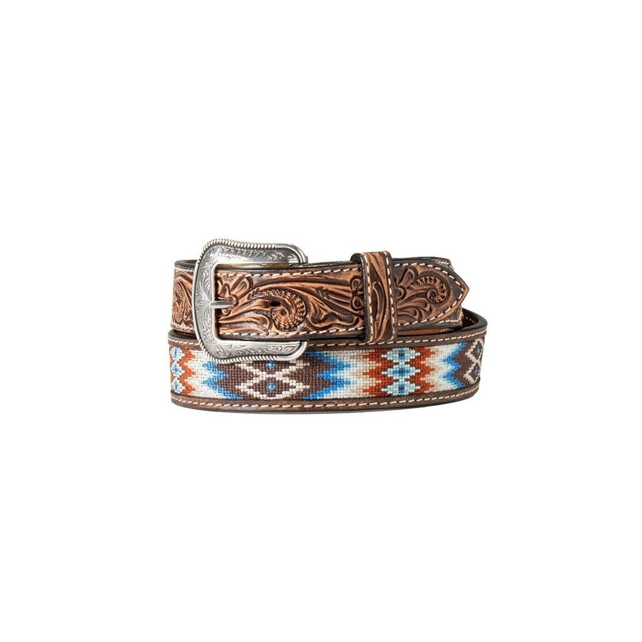 3D Western Belt Mens Beaded Inlay Hand Tooled Scroll D100016702 Image 1