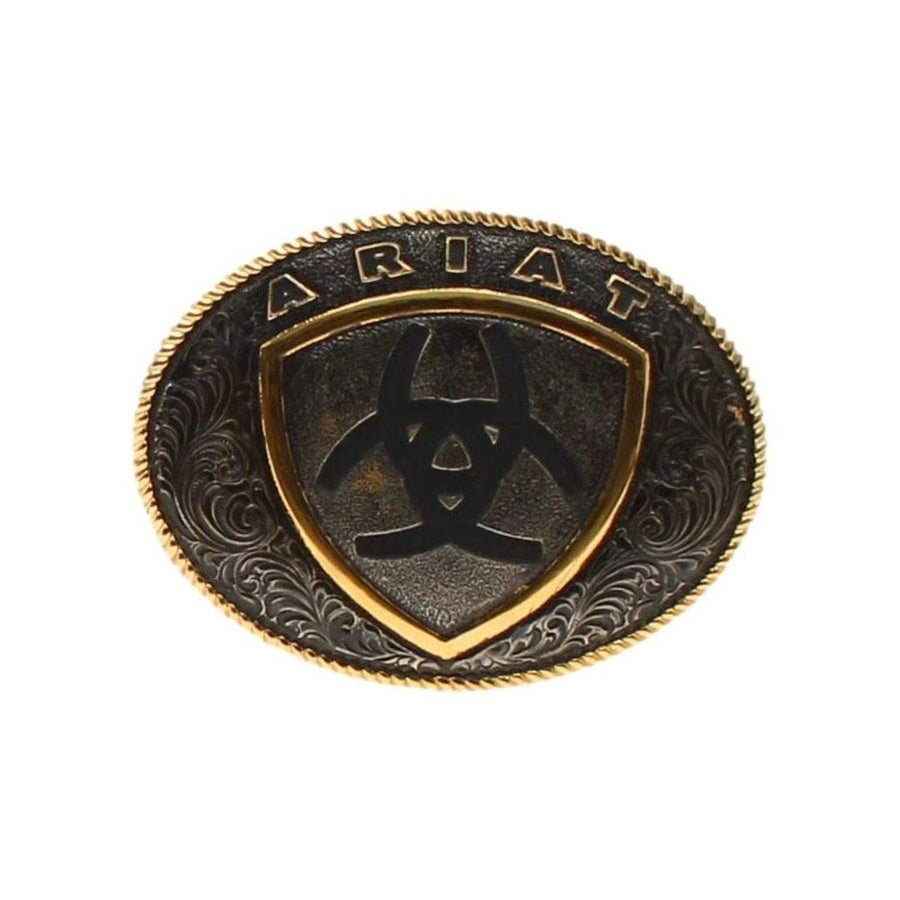 Ariat Western Belt Buckle Mens Shield Logo Oval Silver Gold A37015 Image 1