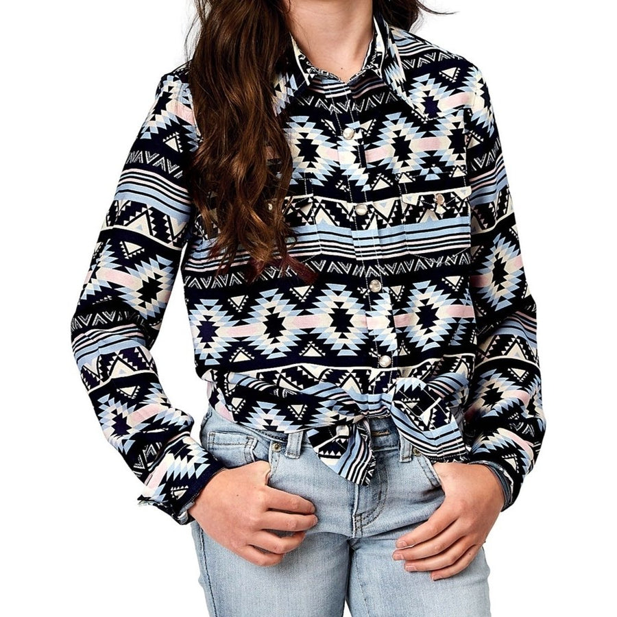 Roper Western Shirt Girls L/S Aztec Snap Blue 03-080-0590-2063 BU Image 1