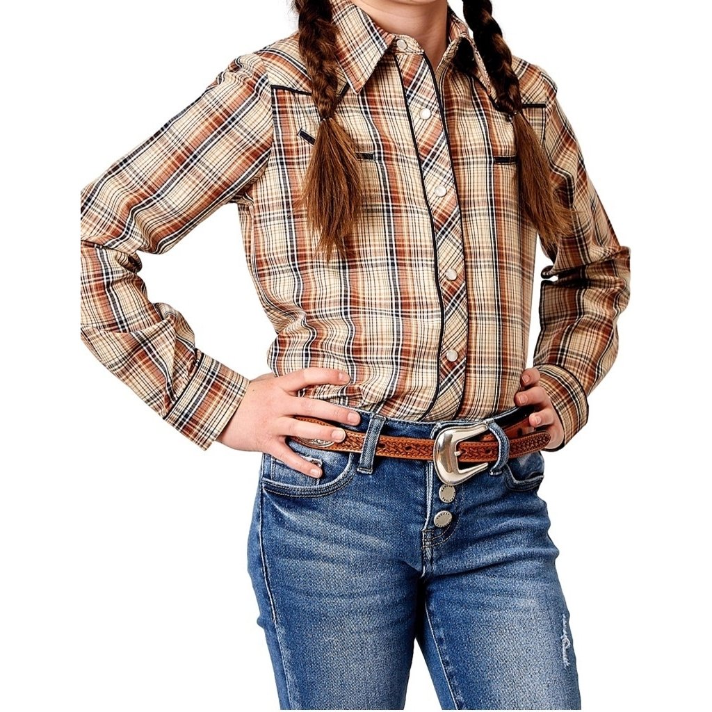 Roper Western Shirt Girls Plaid Snap L/S Brown 01-080-0086-3003 BR Image 1