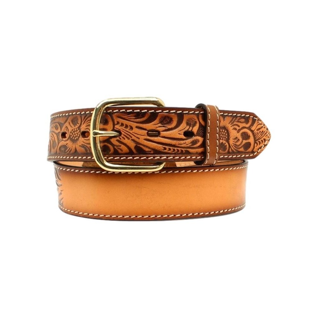 3D Western Belt Mens Leather Floral Embossed Brass Natural D3855N Image 1