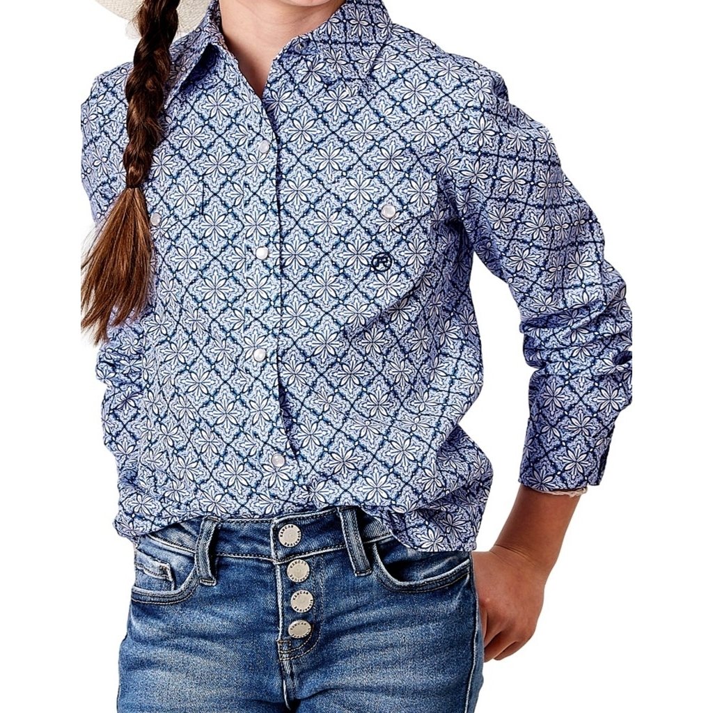 Roper Western Shirt Girls Skies Tie Print L/S Blue 03-080-0225-2024 BU Image 1