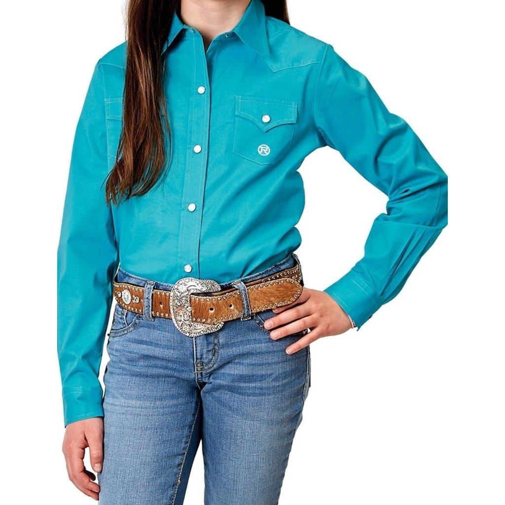 Roper Western Shirt Girls Solid L/S Snap Turquoise 03-080-0265-2106 BU Image 1