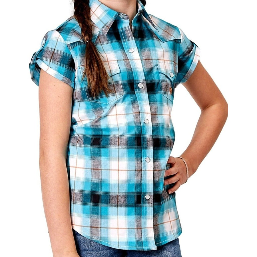 Roper Western Shirt Girls Plaid S/S Snap Turquoise 03-081-0278-2111 BU Image 1