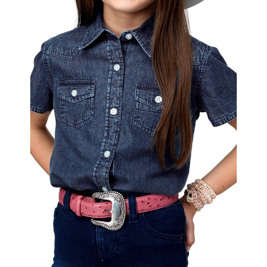 Roper Western Shirt Girls S/S Denim Button Blue 03-081-0594-4023 BU Image 1