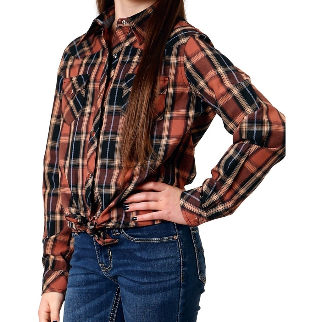 Roper Western Shirt Girls L/S Dobby Plaid Brown 03-080-0062-0104 BR Image 1