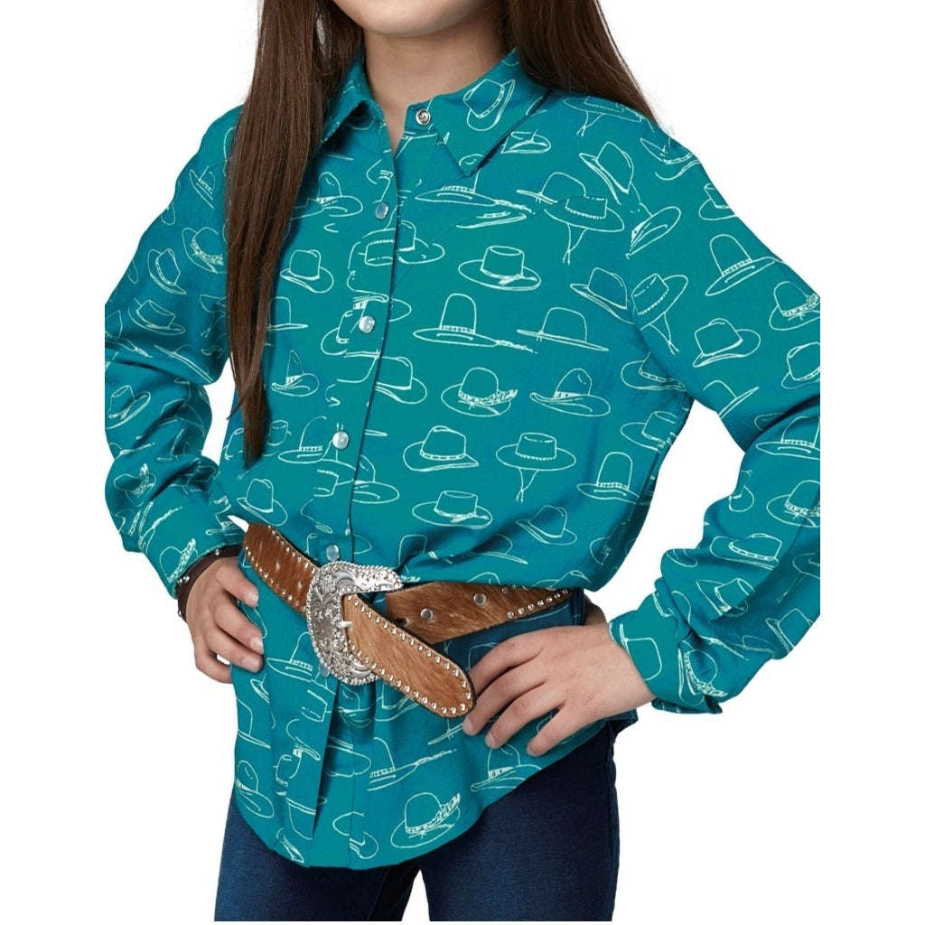 Roper Western Shirt Girls L/S Many Hats Print Turq 03-080-0590-4021 BU Image 1