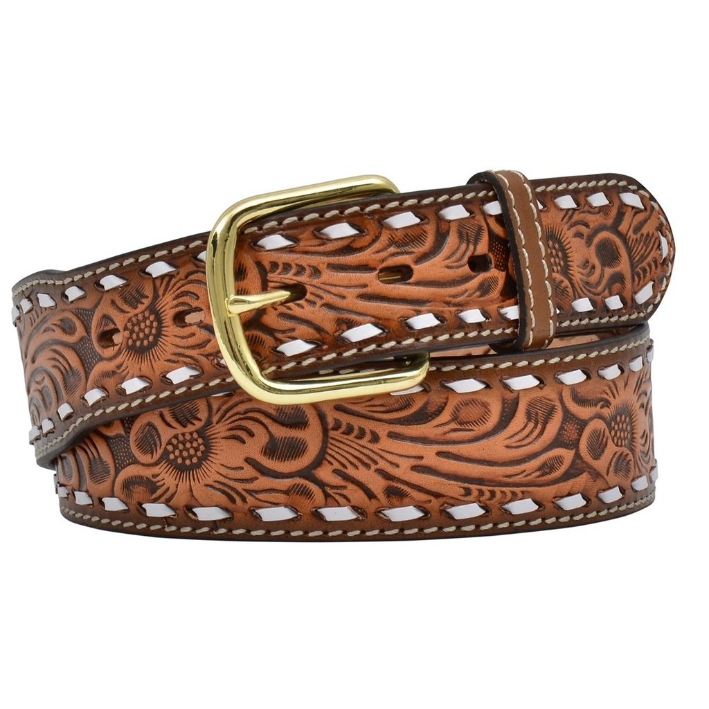 3D Western Belt Mens Buckstitch Floral Leather Brass Natural D3870 Image 1