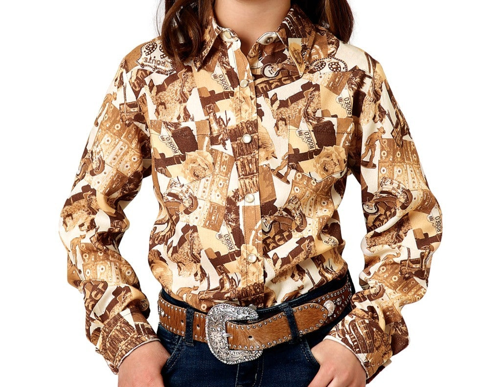 Roper Western Shirt Girls L/S Collage Print Brown 03-080-0590-0158 BR Image 1