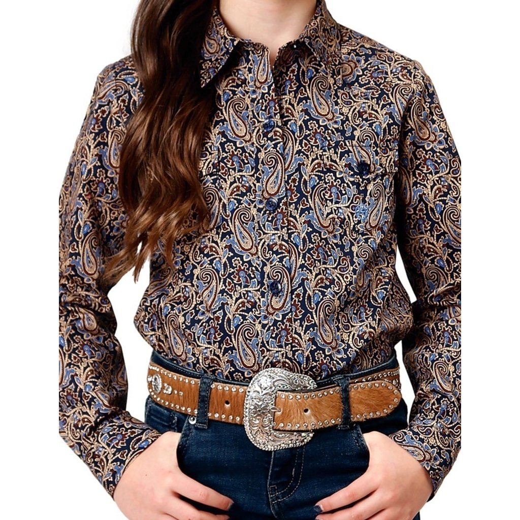 Roper Western Shirt Girls L/S Paisley Button Blue 03-080-0325-1005 BU Image 1