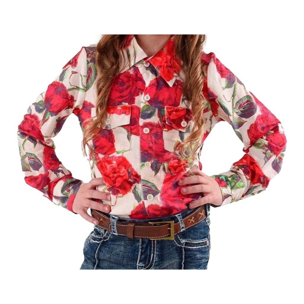 Cowgirl Tuff Western Shirt Girls L/S Rose Print Button Red 100612 Image 1