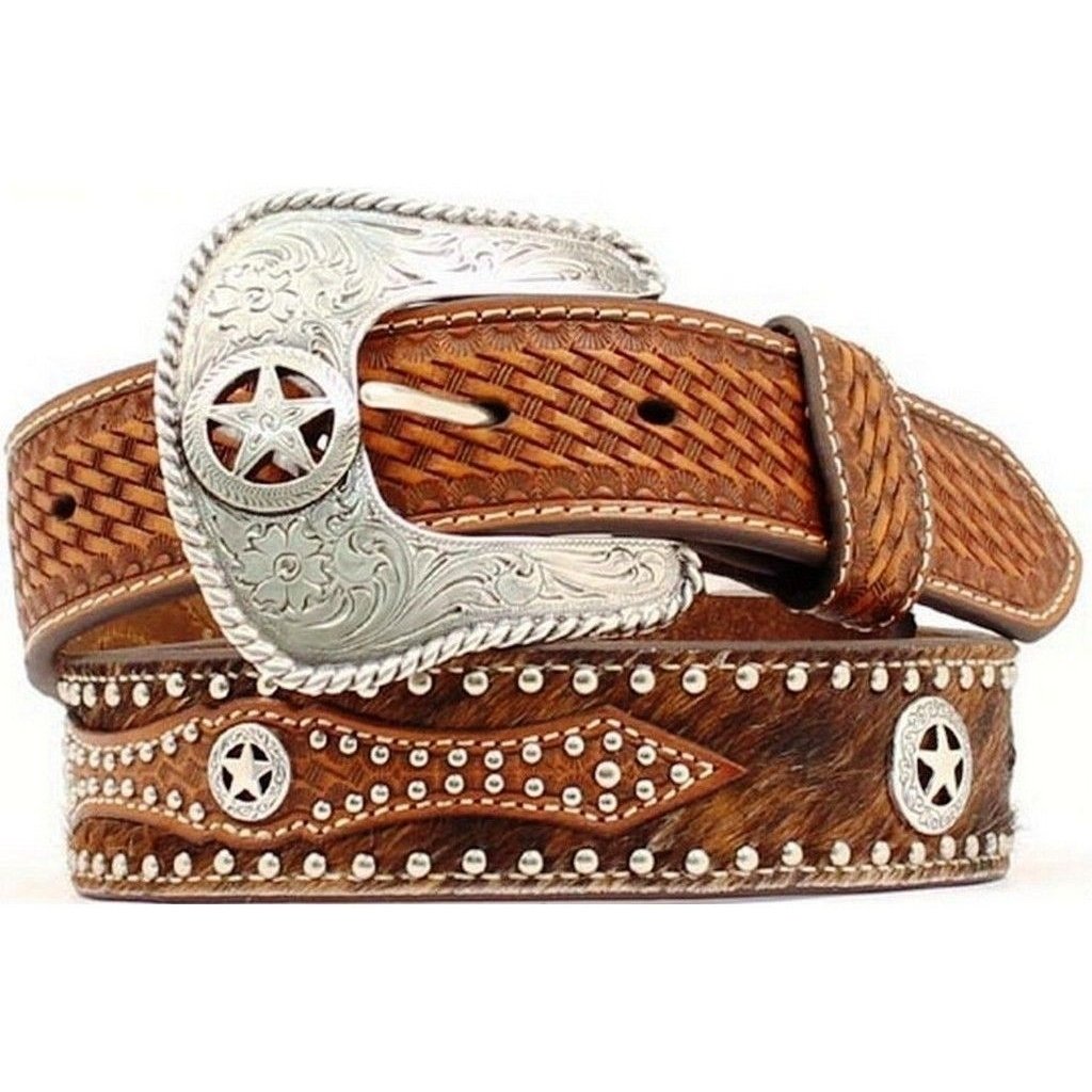 Nocona Western Belt Mens Leather Hair Star Concho Brown N2506808 Image 1