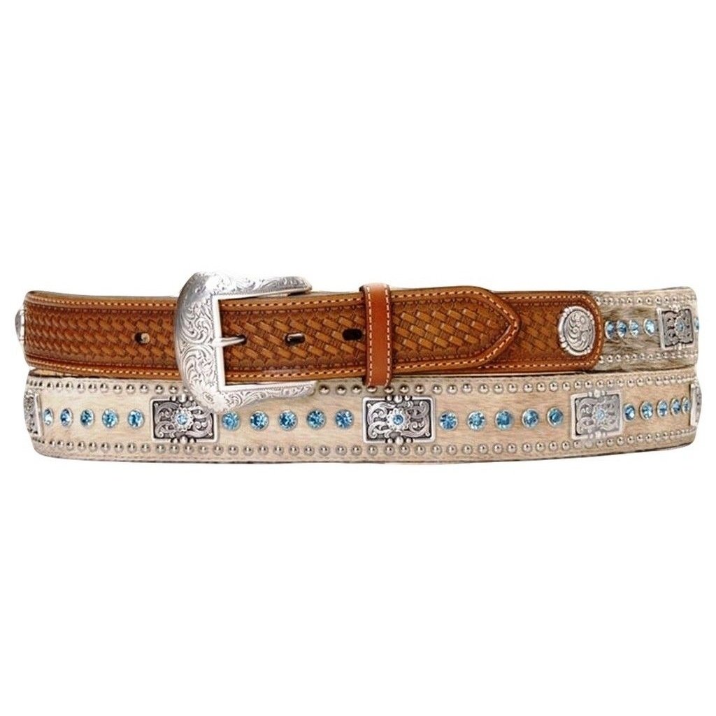 Nocona Western Belt Mens Leather Rhinestones Hair Brown Blue N2442148 Image 1