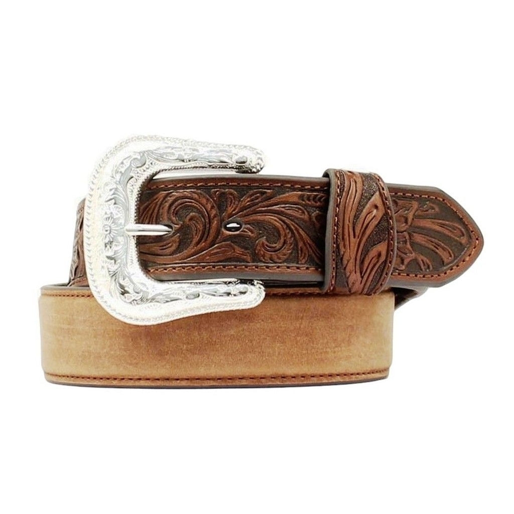 Nocona Western Belt Mens Leather Tooled Overlay Aged Bark N2438844 Image 1