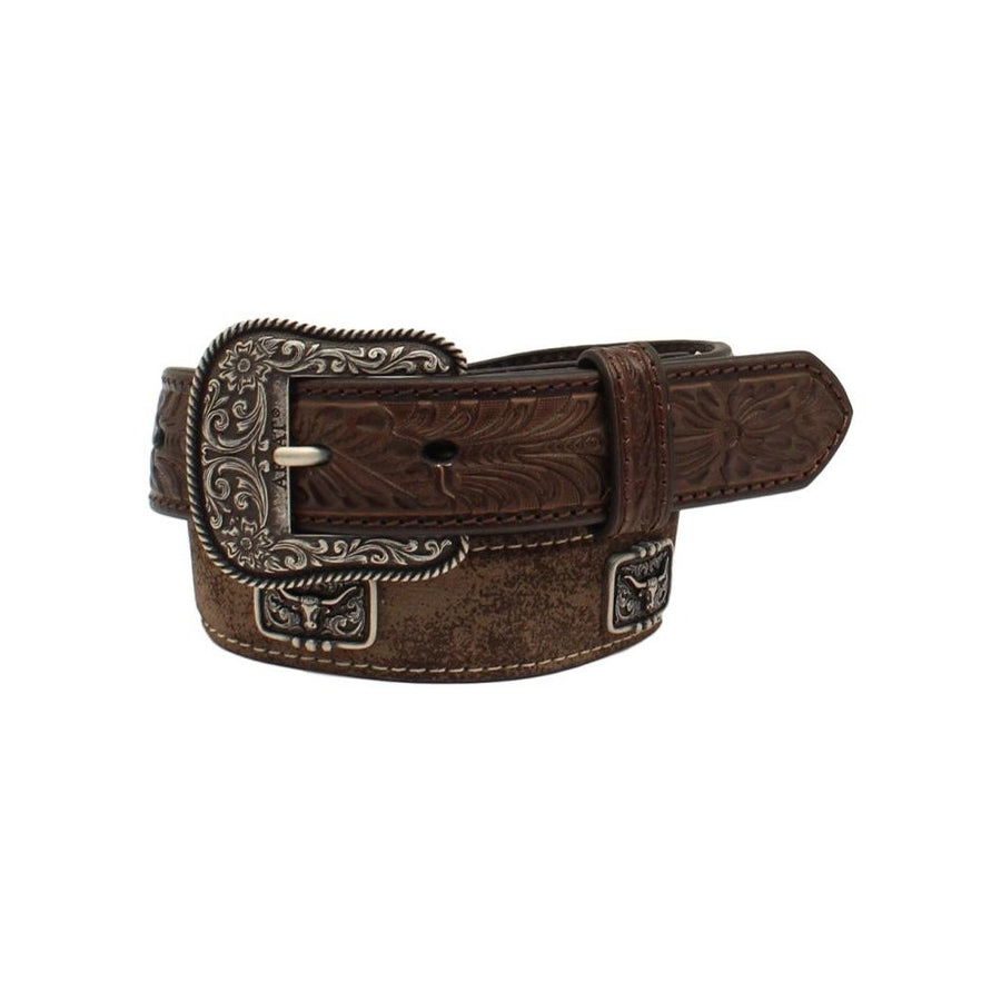 Ariat Western Belt Boys Longhorn Head Concho Floral Tooled A1307202 Image 1