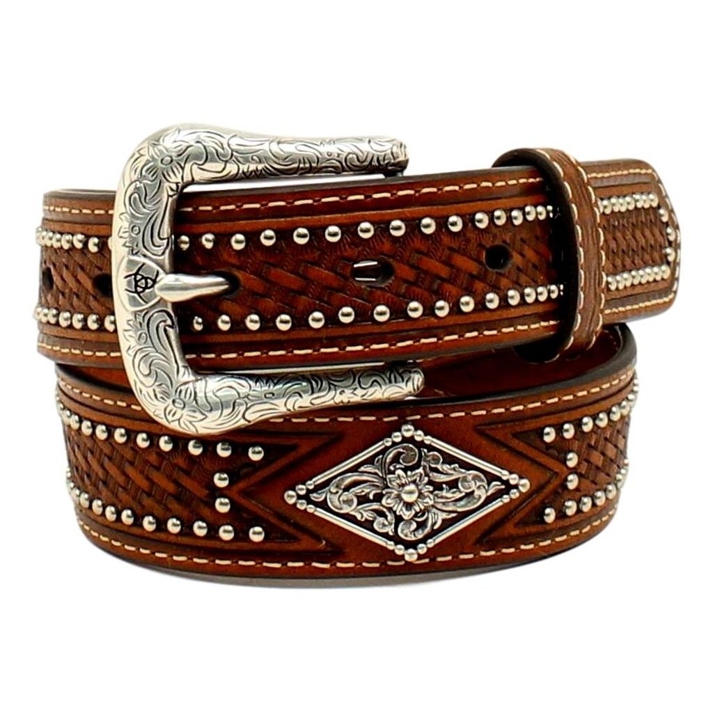 Ariat Western Belt Boys Diamond Conchos Basketweave Tan A1300808 Image 1