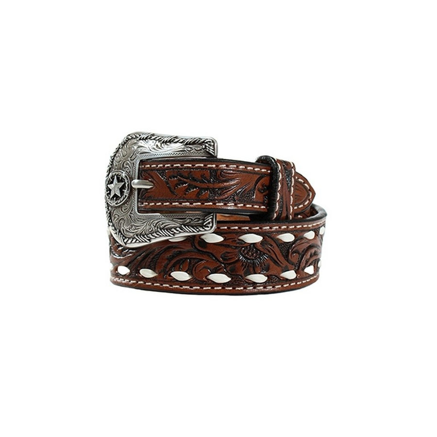 3D Western Belt Boys Floral Tooled Buck Lace Edges Star D120002602 Image 1