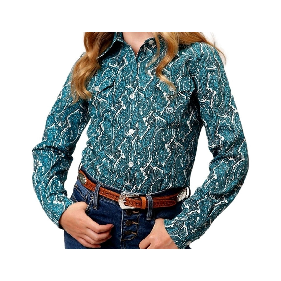 Roper Western Shirt Girls L/S Allover Button Turq 03-080-0325-2016 BU Image 1