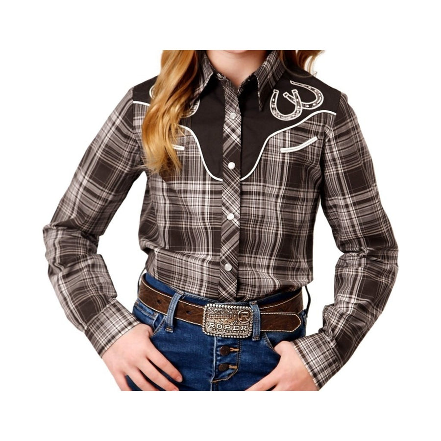 Roper Western Shirt Girls L/S Plaid Snap Brown 01-080-0024-6080 BR Image 1