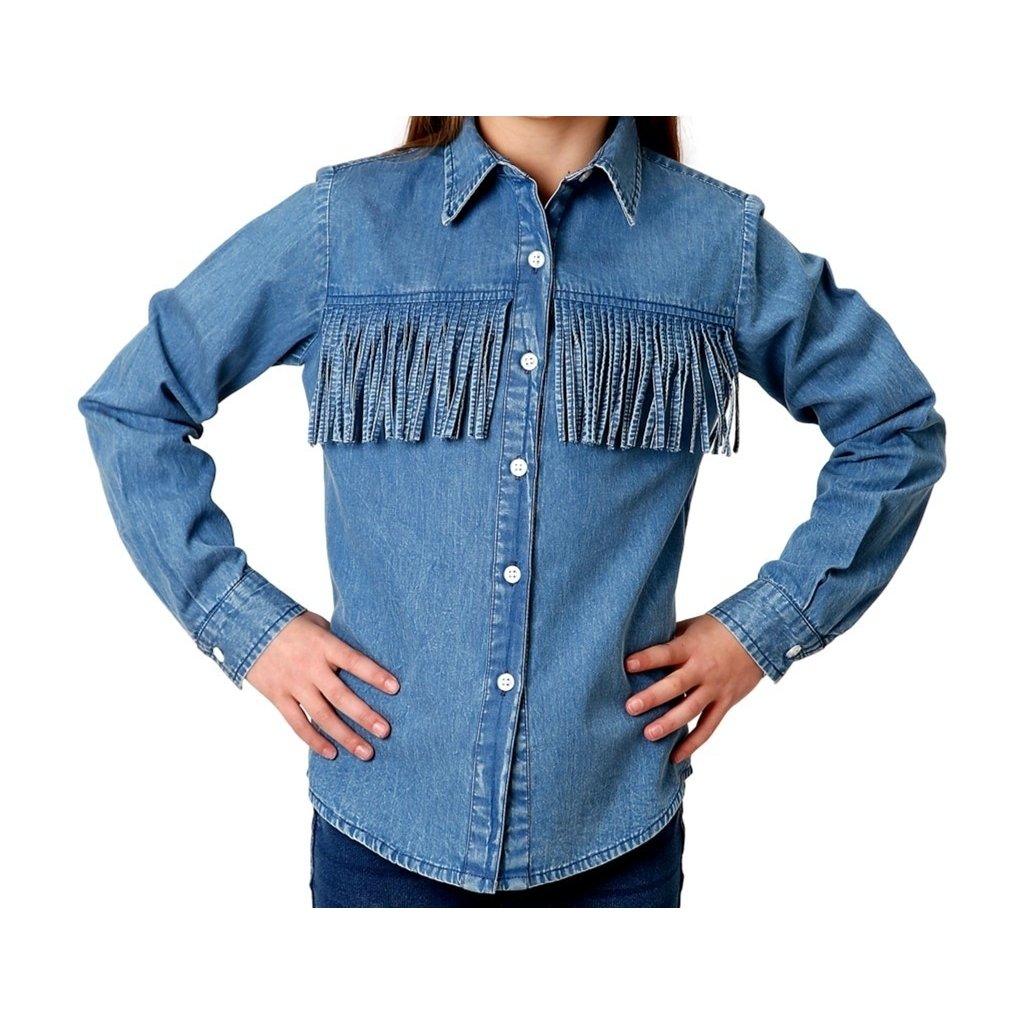 Roper Western Shirt Girls L/S Denim Fringe Blue 03-080-0594-2052 BU Image 1