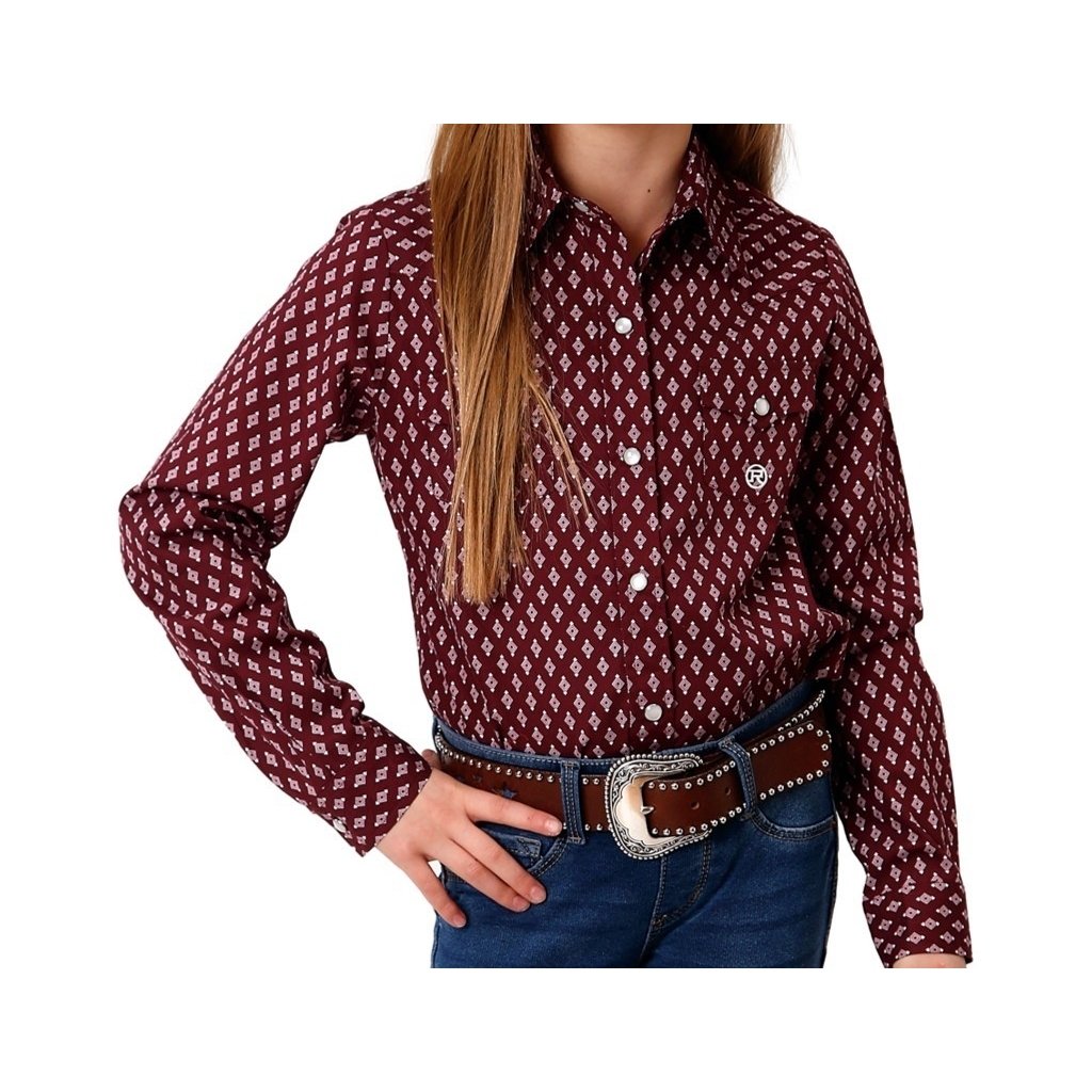 Roper Western Shirt Girls L/S Print Snap Wine 03-080-0225-0180 WI Image 1