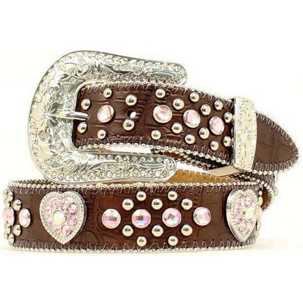 Nocona Western Belt Girls Leather Crystal Heart Mocha Pink N4425202 Image 1