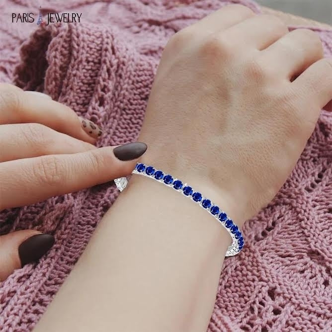 10k White Gold 6 Cttw Created Blue Sapphire Round Adjustable Tennis Plated Bracelet Image 2