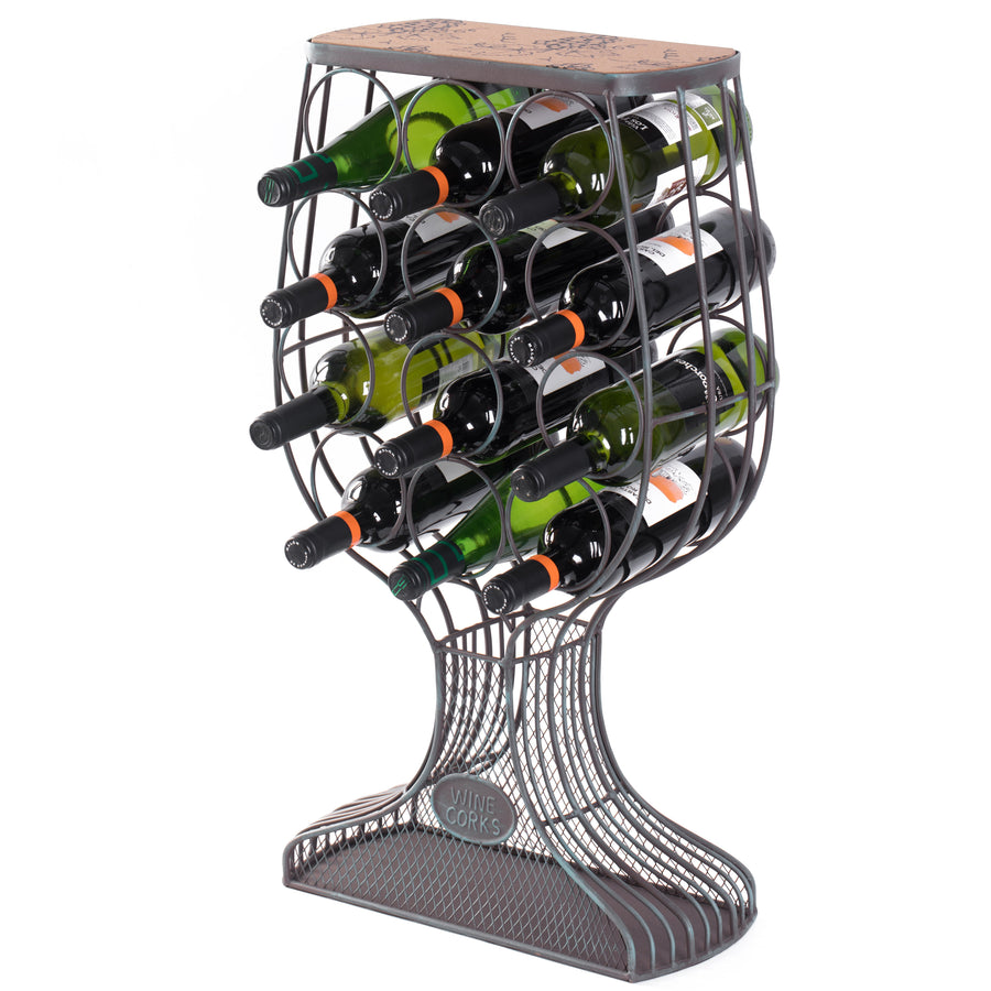 Freestanding Wine Rack Wood Metal Goblet Design Holds 12 Bottles Cork Holder Image 1