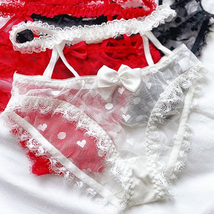 Women Fashion High Waist Mesh Panties Lace Underwear Transparent Hollow Out Lingerie Bow G Strings Intimates Image 6