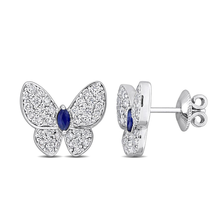 1.10 Carat (ctw SI,H-I) Diamond Buttrerfly Charm Earrings in 14K White Gold with Blue Sapphires Image 1