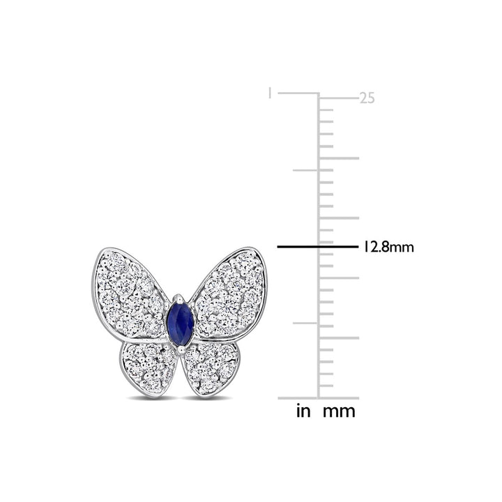 1.10 Carat (ctw SI,H-I) Diamond Buttrerfly Charm Earrings in 14K White Gold with Blue Sapphires Image 4