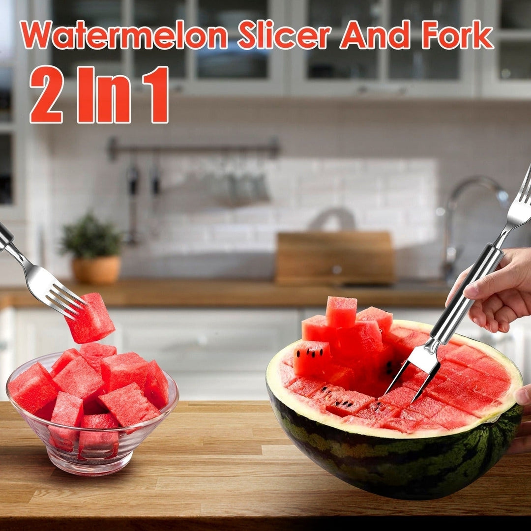 5Pcs 2 in 1 Watermelon Cutter Slicer Fork Stainless Steel Dual Head Watermelon Fruit Cutting Fork Knife For Summer Image 2