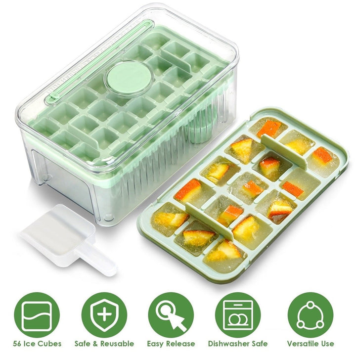 Ice Cube Tray With Lid And Bin Plastic Ice Trays Pop Ice Mold 2 Ice Cube Trays with Scoop Easy Release Stackable Image 1