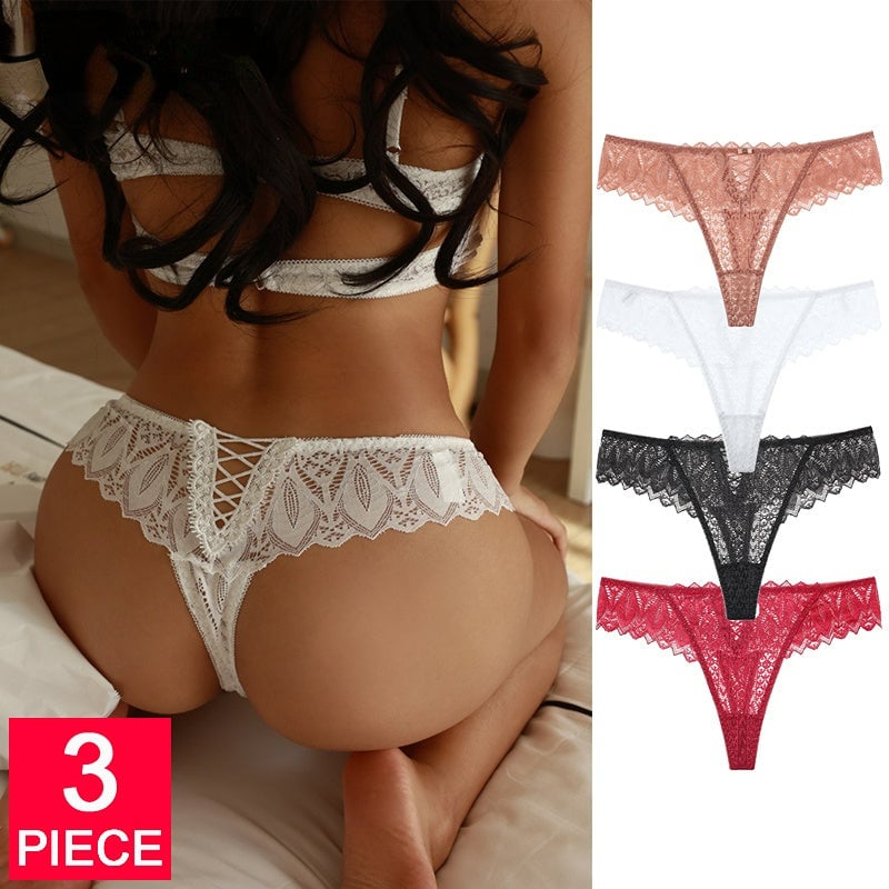 Women Fashion 3PCS/Set Lace Panties Low-waist G String Thong Underwear Female Hollow Out T-Back Lingerie Image 1