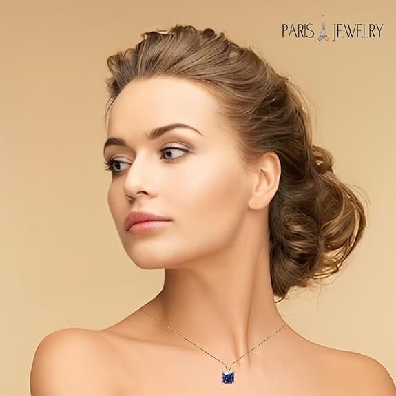 18K Yellow Gold 1 Carat Created Blue Sapphire Princess Stud Necklace Plated 18 Inch Image 3