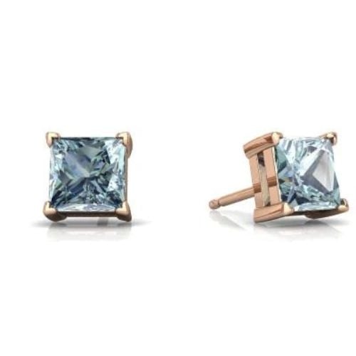 18k Rose Gold 1/2 Ct Aquamarine Princess Cut Stud Earrings 6mm Square Plated Image 1