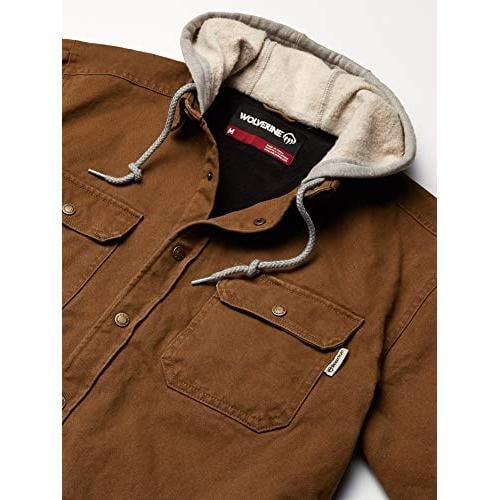 Wolverine mens Overman Fleece Lined Cotton Duck Canvas Hooded Shirt Jacket CHESTNUT Image 3