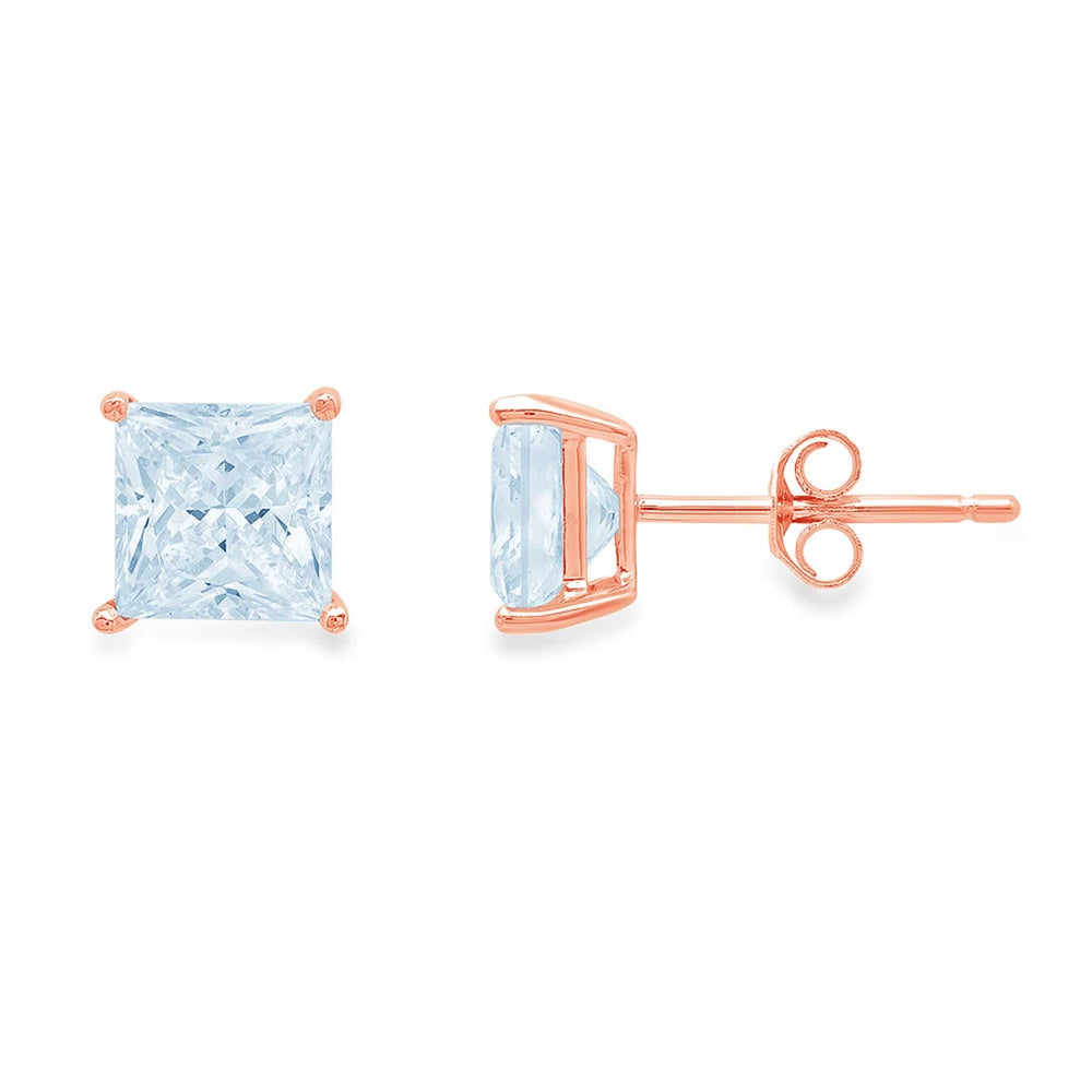 18k Rose Gold Plated 1/2 Ct Blue Topaz Princess Cut Stud Earrings 6mm Image 1