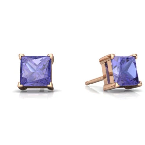 18k Rose Gold Plated 1/2 Ct Princess Cut Tanzanite Stud Earrings 6mm Image 1