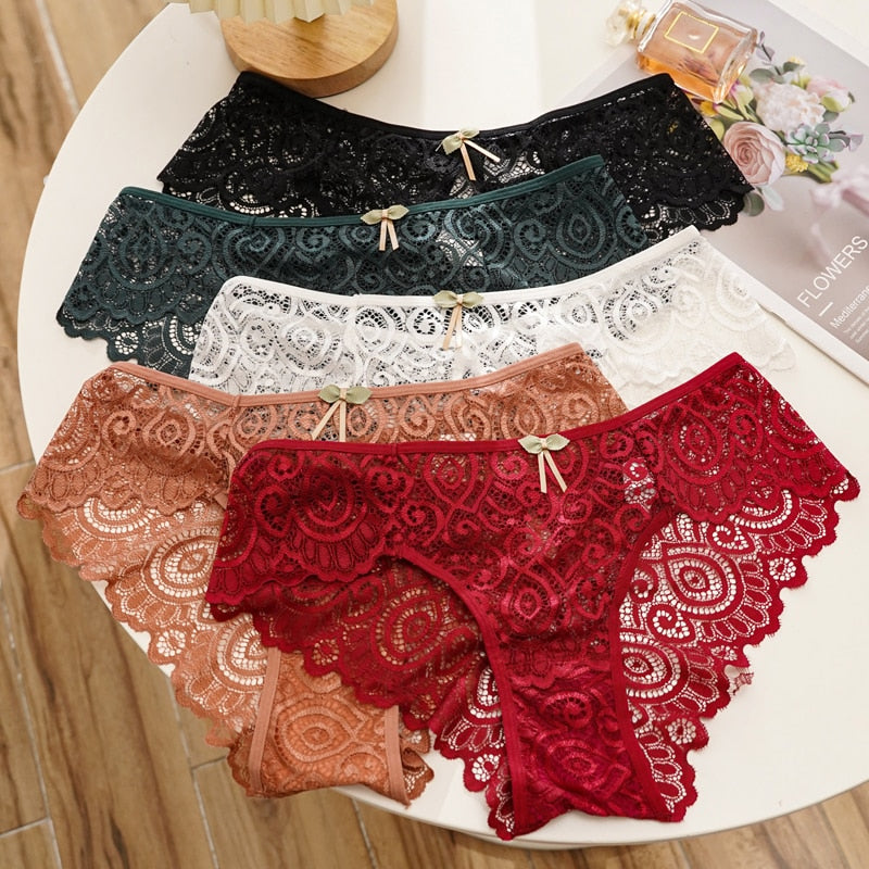 Women Fashion 2PCS/Set Panties Lace Underwear Low-Waist Briefs Hollow Out G String Underpant Transparent Female Lingerie Image 4