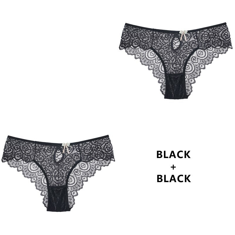 Women Fashion 2PCS/Set Panties Lace Underwear Low-Waist Briefs Hollow Out G String Underpant Transparent Female Lingerie Image 6