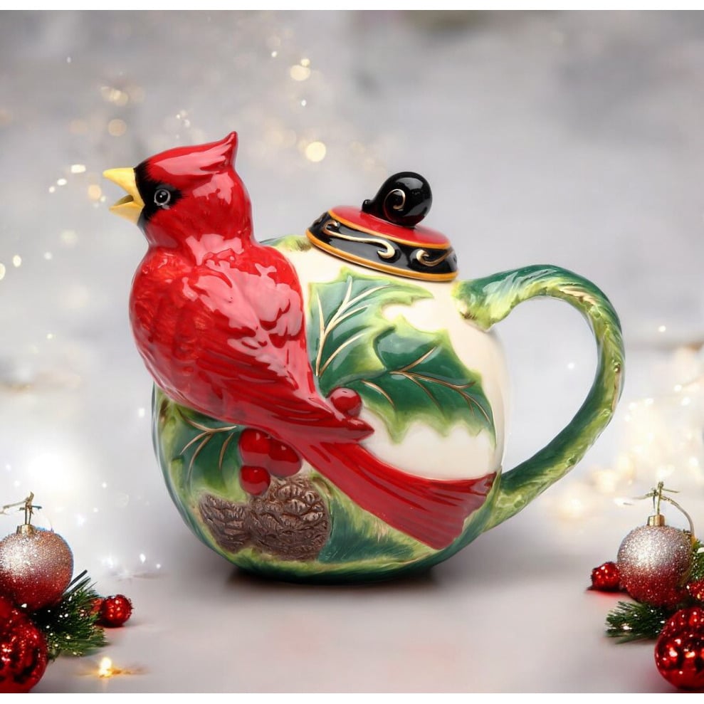 Ceramic Cardinal Bird Teapot with Poinsettia 5.25 inches 12 oz Image 1