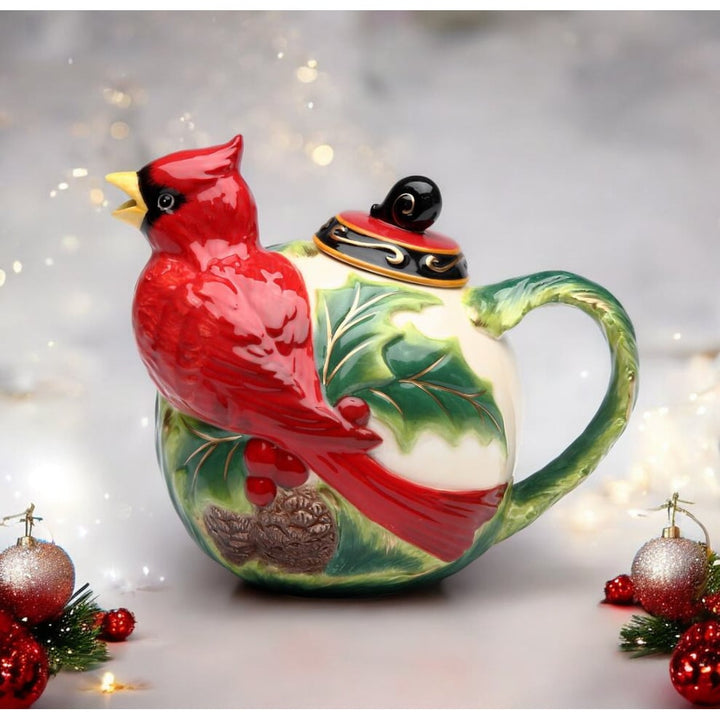 Ceramic Cardinal Bird Teapot with Poinsettia 5.25 inches 12 oz Image 1