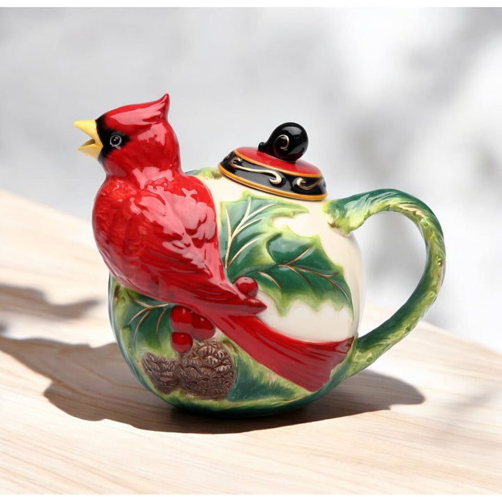 Ceramic Cardinal Bird Teapot with Poinsettia 5.25 inches 12 oz Image 2