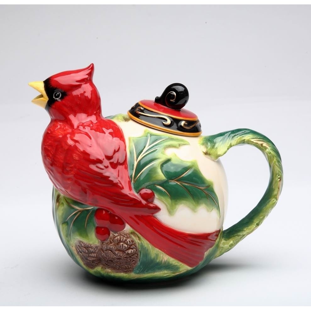 Ceramic Cardinal Bird Teapot with Poinsettia 5.25 inches 12 oz Image 3