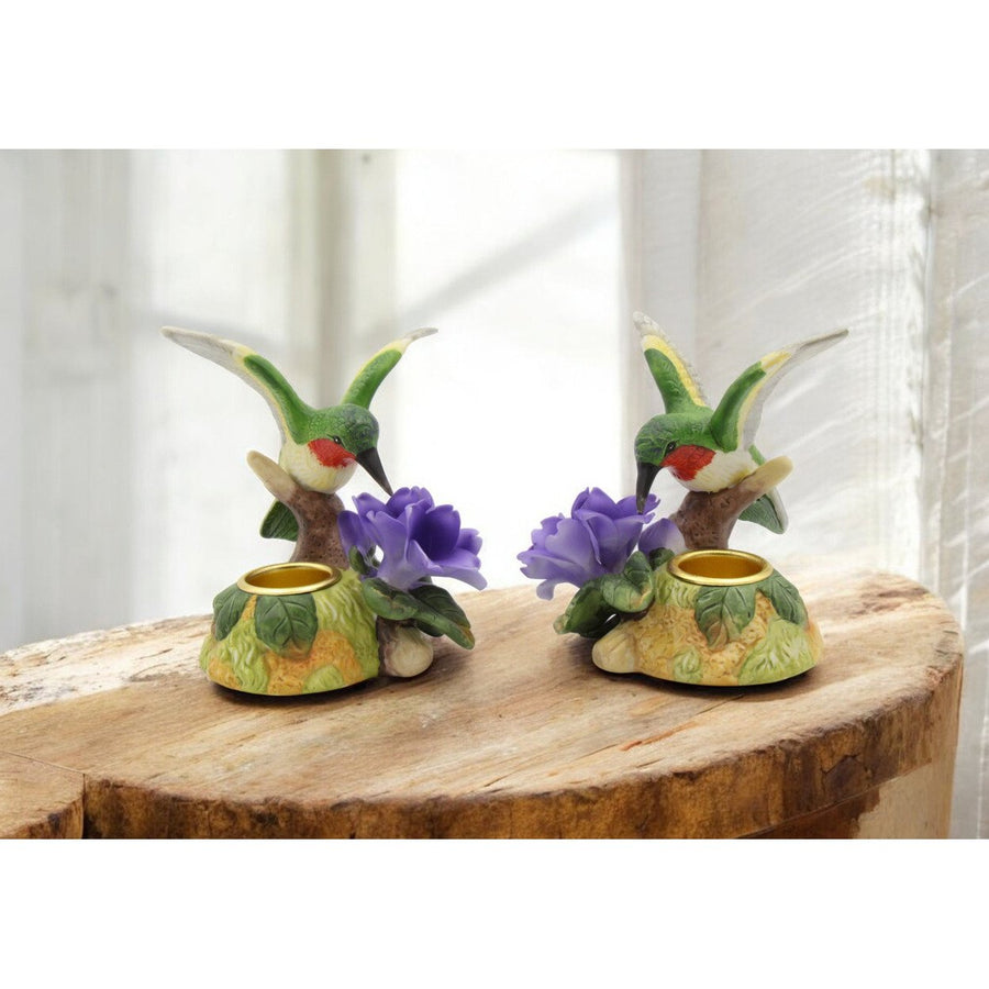 Ceramic Hummingbird Candleholders Set of 2 Violet Flower 3.5in Garden Decor Image 1