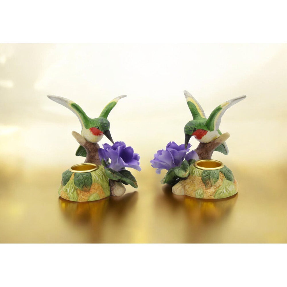 Ceramic Hummingbird Candleholders Set of 2 Violet Flower 3.5in Garden Decor Image 2