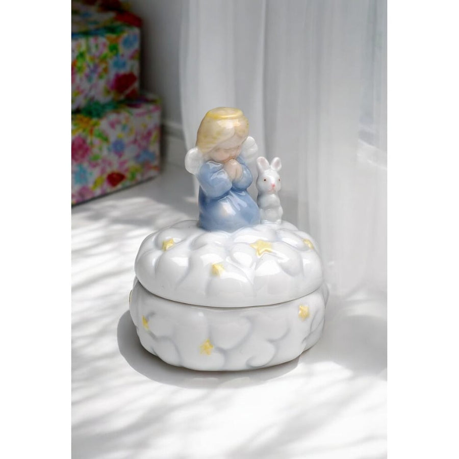 Ceramic Praying Angel with Rabbit Keepsake Box 3in Image 1